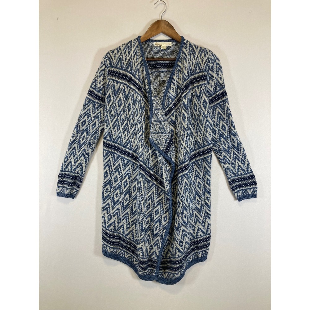 Boho Southwestern Kaisely Women Large Blue‎ Geometric Knit Draped Open Cardigan